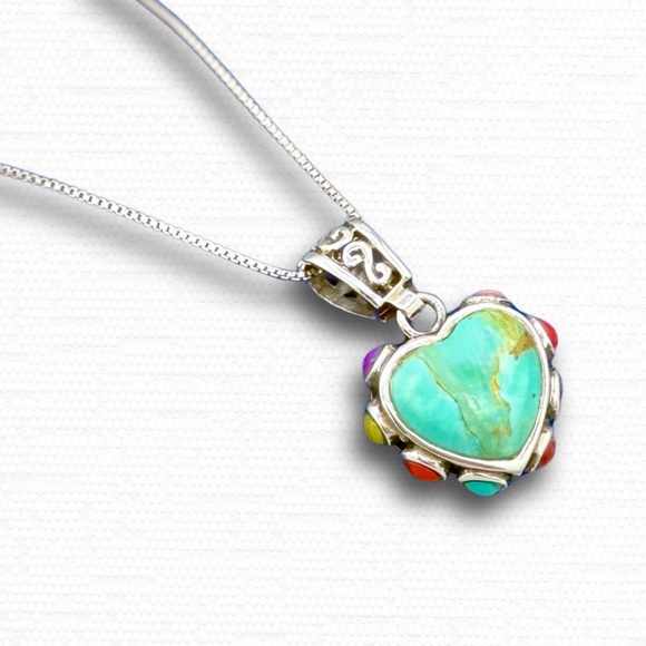 SOLD - Sterling Silver Turquoise Heart Pendant Necklace Reversible Boho Jewelry - Picture 7 of 7